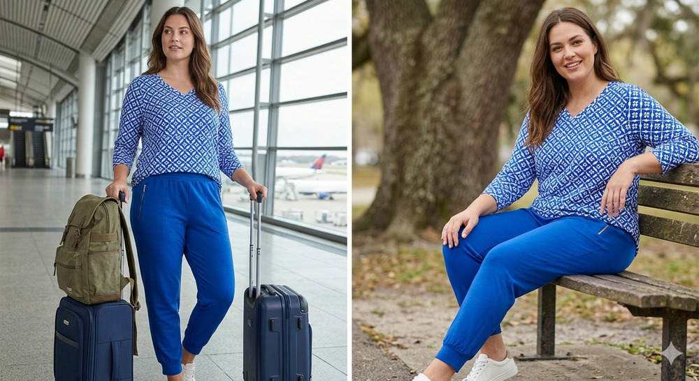 T by Talbots Set cobalt Blue pant Straight Crop Sz-L Printed Top SPF 50 Sz-M